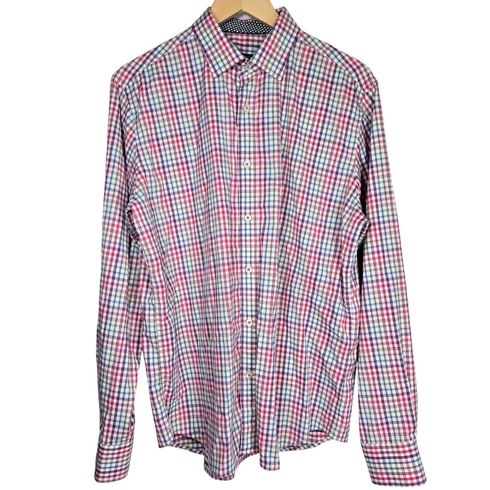 Bugatchi Mens Classic Fitโ Flip Cuff Button Down Shirt M Plaid Nylon Stretch